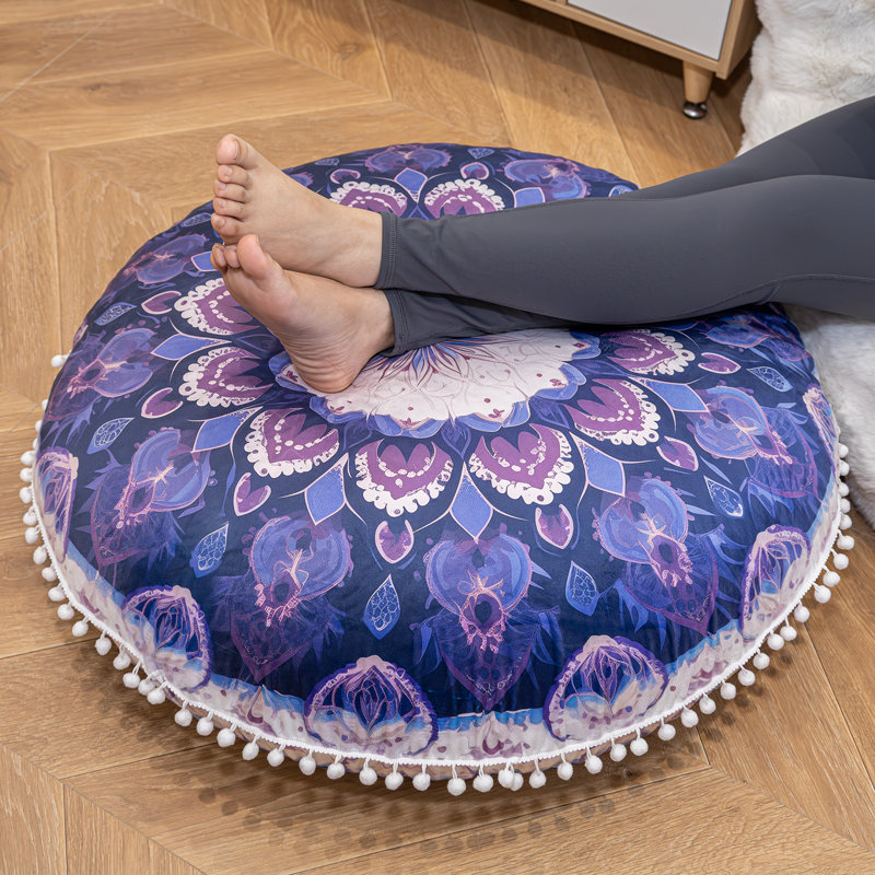 32'' Meditation Cushion, Round Large Floor Pillow, Yoga Pillows For Sitting On Floor, Beige/Purple