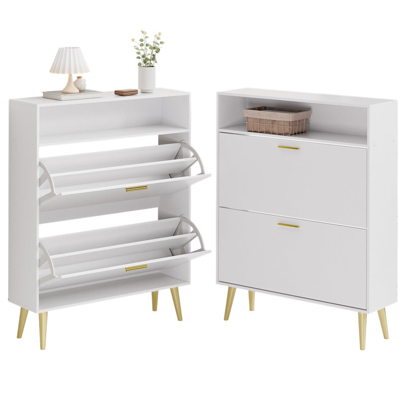 Rangement à chaussures moderne 12 paires avec 2 tiroirs rabattables, armoire à chaussures blanche, Blanc
