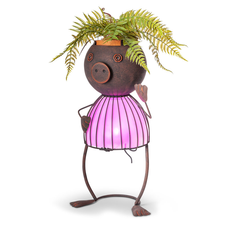 20.87  Inch Pink Solar Garden Metal Pig  Planter
