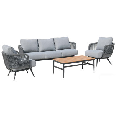 4-Piece Outdoor Patio Conversation Set With Woven Rope Design, Olefin Cushions, Wood-Grain Coffee Table, And 330 Lbs Weight Capacity For Backyard, Balcony, Or Garden Use.