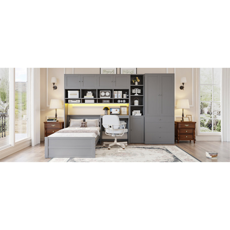 Wooden Twin Size Platform Bed With Desk, Wardrobe, Cabinets, Drawers, And Shelves, White, Gris