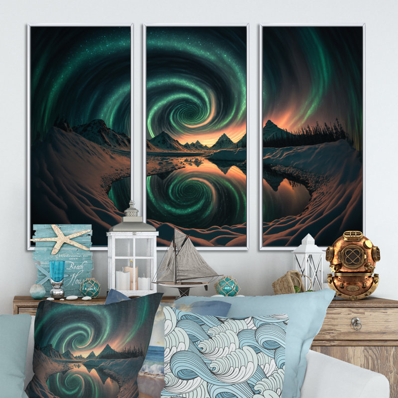 Aurores boréales magiques «Northern Lights IV», reproduction sur toile 3 pièces, H 32 po x l 48 po x P 1 po