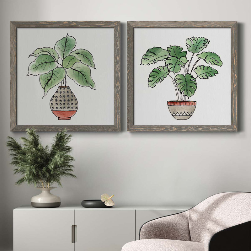 Boho Greenery I - ensemble de 2 peintures sur toile encadrées, H 35,5 po x l 71 po x P 1,5 po, Encadré gris