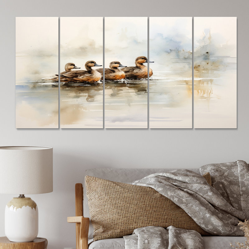 «Duck In The Misty Pond At Dawn Watercolor IV», reproduction d'art sur toile canard animal - 5 panneaux égaux