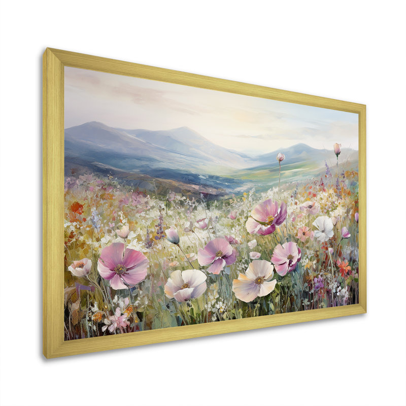 Champ de renoncules roses en montagne II, Cadre doré simple, H 34 po x l 44 po x P 1,5 po