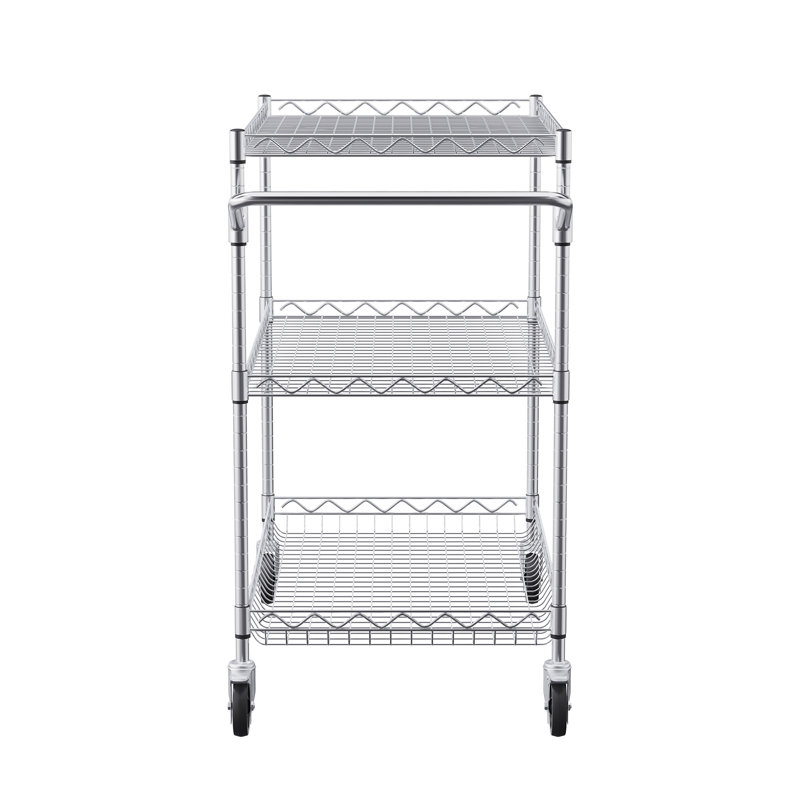 Silver 3-Tier Steel Utility Cart with Hooks and Wheels