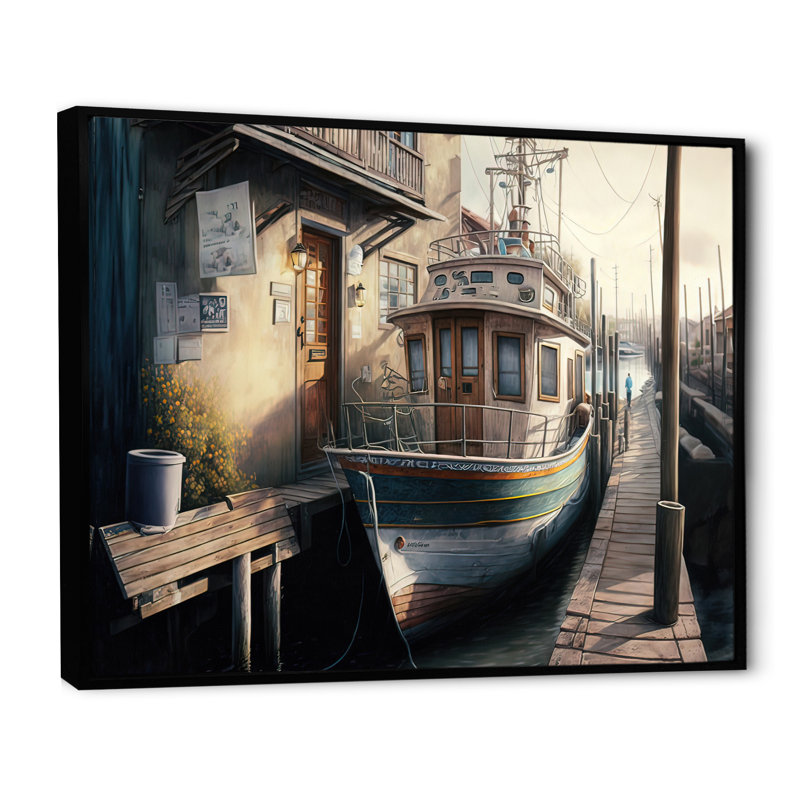 Port rustique avec un bateau de pêche IV - Peinture sur toile, H 24 po x l 32 po x P 1 po, Toile avec cadre flottant noir