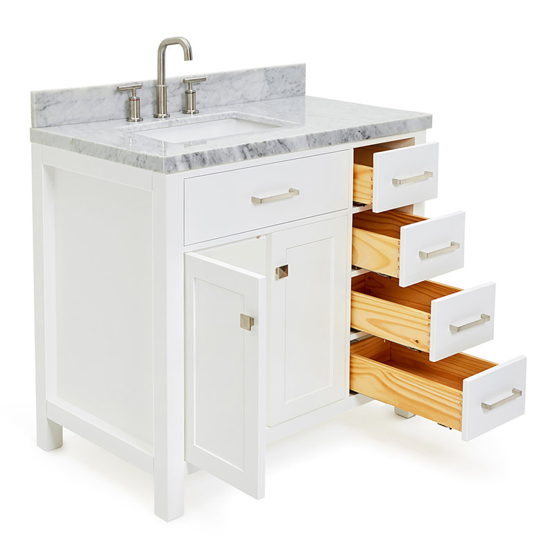 Abbate 36" Single Bathroom Vanity with Carrara White Marble Top, White