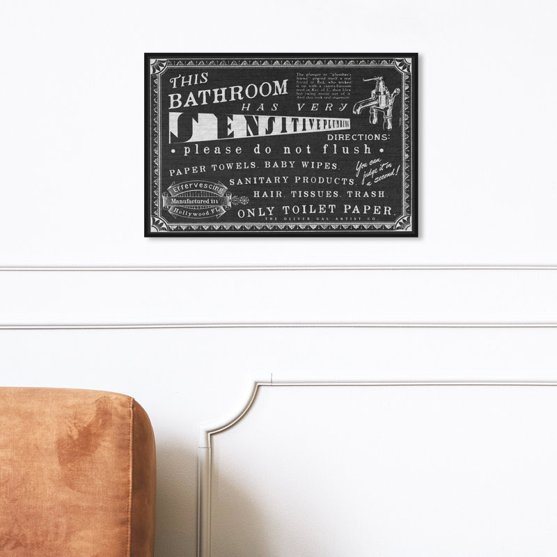 «Bath and Laundry Do Not Flush», reproduction d'art textuel sur toile, H 36 po x l 54 po x P 1,5 po, Cadre noir