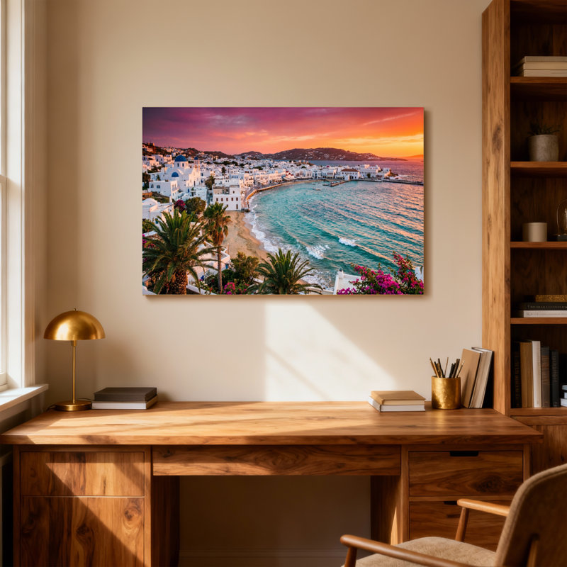 Paysage et nature, coucher de soleil, côte, bâtiments blancs, palmiers, vue sur l'océan, H 28 po x l 40 po