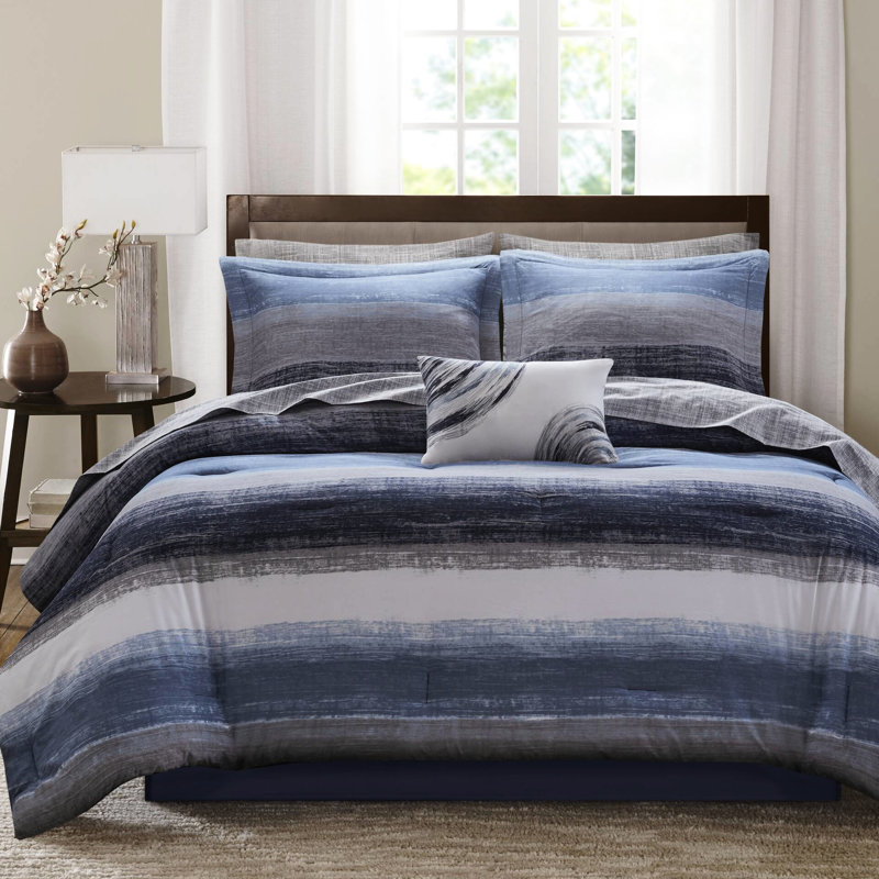 Édredon en microfibre rayé bleu marine 9 pièces avec draps en coton assortis, jupe et coussin décoratifs