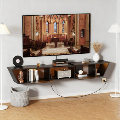 Meuble télé flottant avec prise de courant intégrée et éclairage DEL, console multimédia murale de 63 pouces avec station de charge et système de gestion des câbles