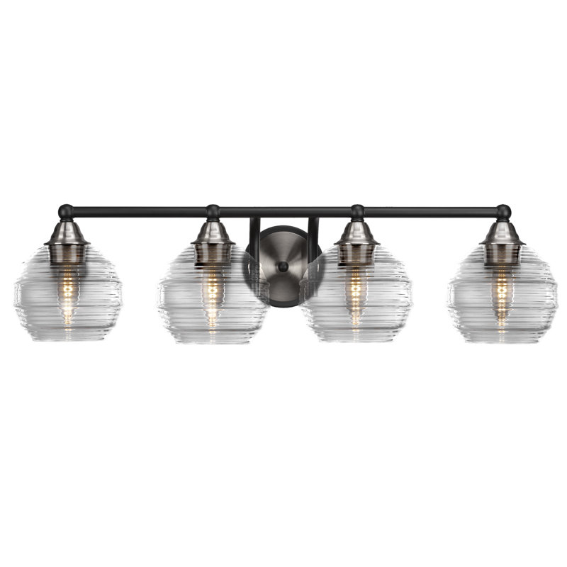 Michell 4 Light Bath Bar Shown With 6" Clear Ribbed Glass, Matte Black/Brushed Nickel