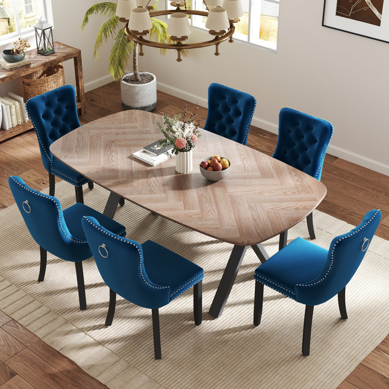 Rectangle Dining Set with Tufted Dining Chair, Blue, 29.5"H x 71"L x 35.4"W