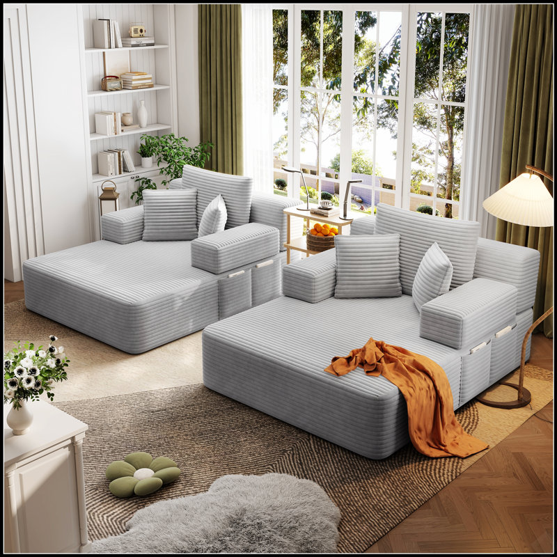 Canapé-lit convertible surdimensionné en velours côtelé duveteux avec poches de rangement et coussins moelleux pour un confort optimal dans votre cinéma maison