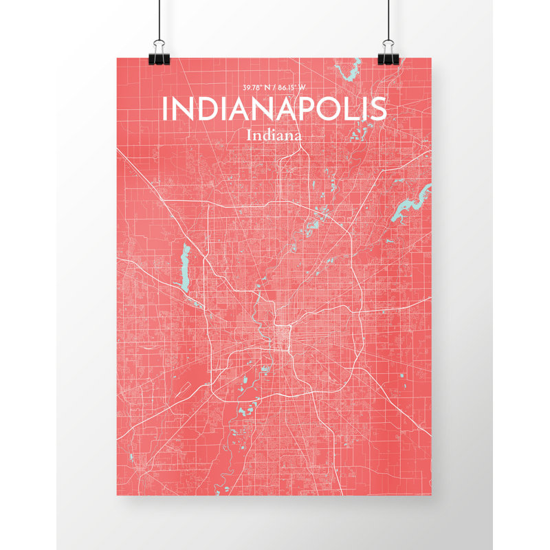 Indianapolis City Map - Unframed Graphic Art Print on Paper, 43.2cm H x 27.9cm W x 0.13cm D, Light Red/White/Grey
