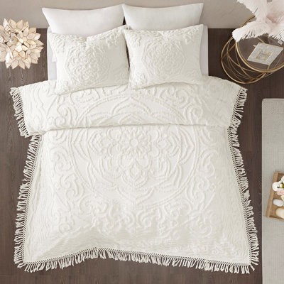 Couvre-lit en coton chenille à médaillon pour grands lits, très grand / très clair