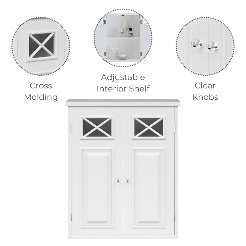 Woodley Removable Two-Door Wall Storage Cabinet with Cross-Molded Glass Panels and Adjustable Shelf, White