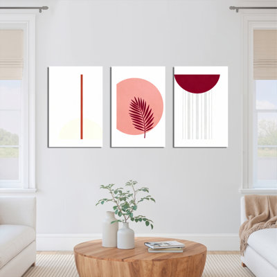 Bay Isle Home™ Minimalist Leaf and Geometric Shapes Canvas Wrapped Wall Art, Abstract Print (Set of 3)