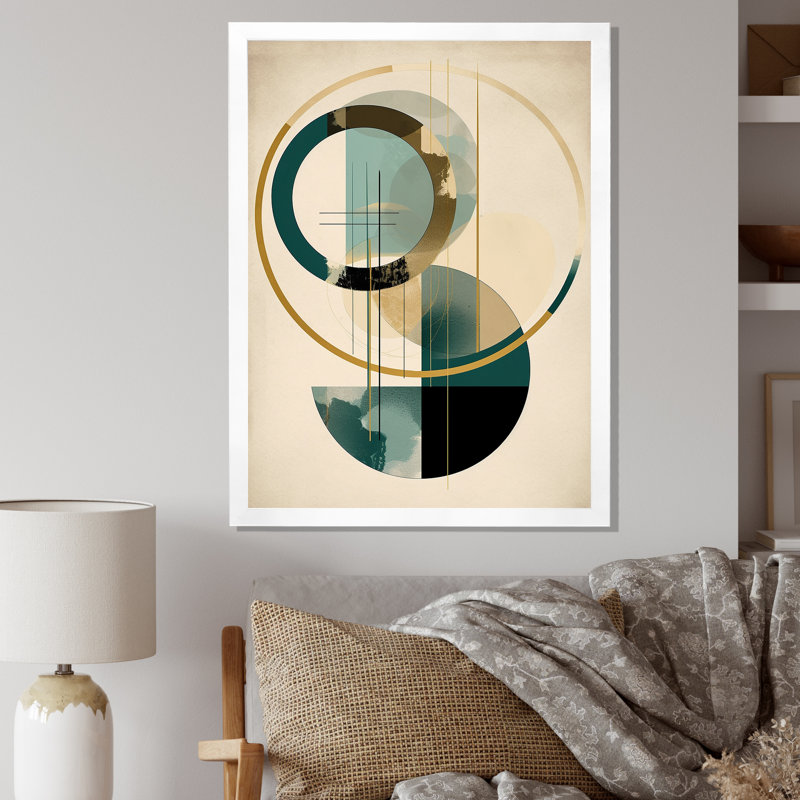 Pleine lune grâce rétro or et sarcelle abstrait - impression, H 44 po x l 34 po x P 1,5 po, Cadre simple blanc