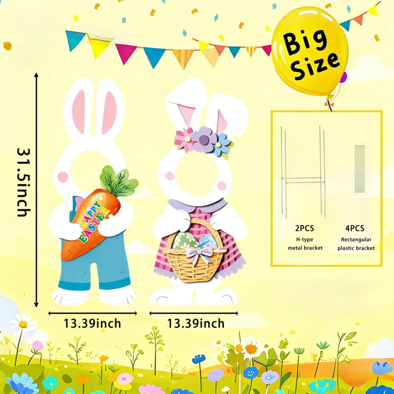 2 pièces Joyeuses Pâques Visage des décorations de jardin Mignon lapin