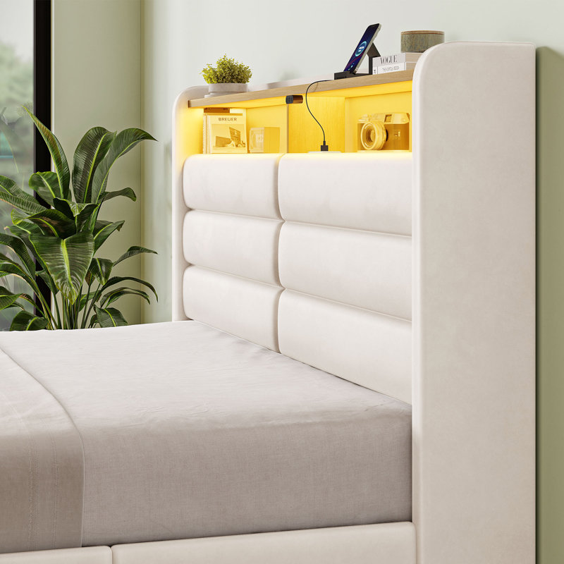 Upholstered Bed Frame with Storage Drawers & LED Lights