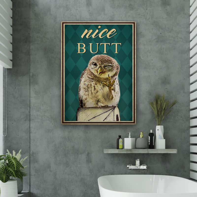 Hibou clin de œil - belle toile tendue avec toile tendue - décor d'illustrations animales de salle de bain et de lessive, brun et vert foncé, décor de salle de bain