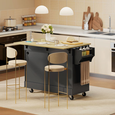 51" Kitchen Island with Power Outlet Drop Leaf Kitchen Cart Black
