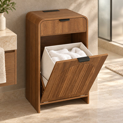 A tilted laundry basket with built-in sockets and USB ports, a striped storage cabinet with a charging station, and a tilted laundry basket. It features a wooden drawer-style storage with detachable baskets, suitable for bathrooms, living rooms, and offi