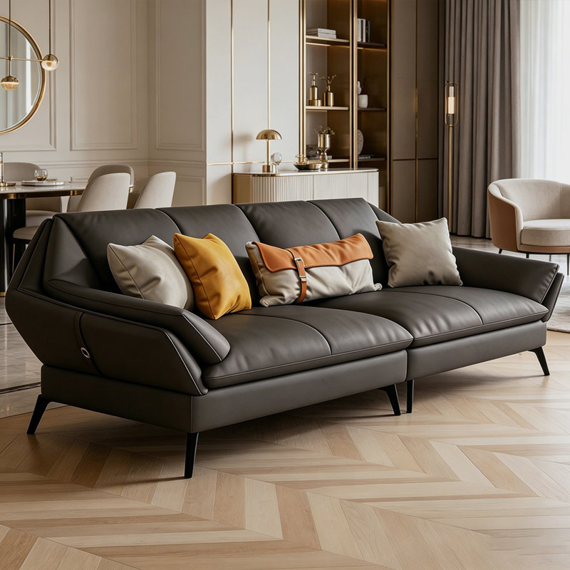 Canapé modulaire en cuir véritable gris foncé, H 32,28 po x l 98,43 po x P 36,61 po