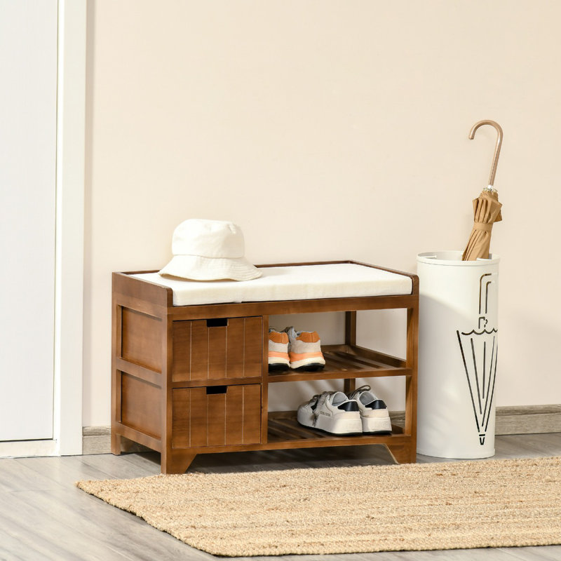 Étagère à chaussures compacte en bois rembourré avec tiroirs - grain de bois café