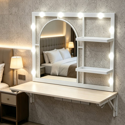 Miroir de maquillage mural arqué à DEL, gain d'espace, éclairage multitonal et tablettes de rangement latérales
