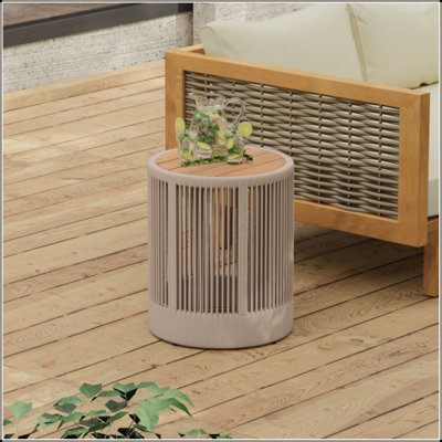 Outdoor Rattan Rope & Acacia Wood Side Table - Patio Balcony Furniture For Garden, Yard, Balcony - Weather Resistant