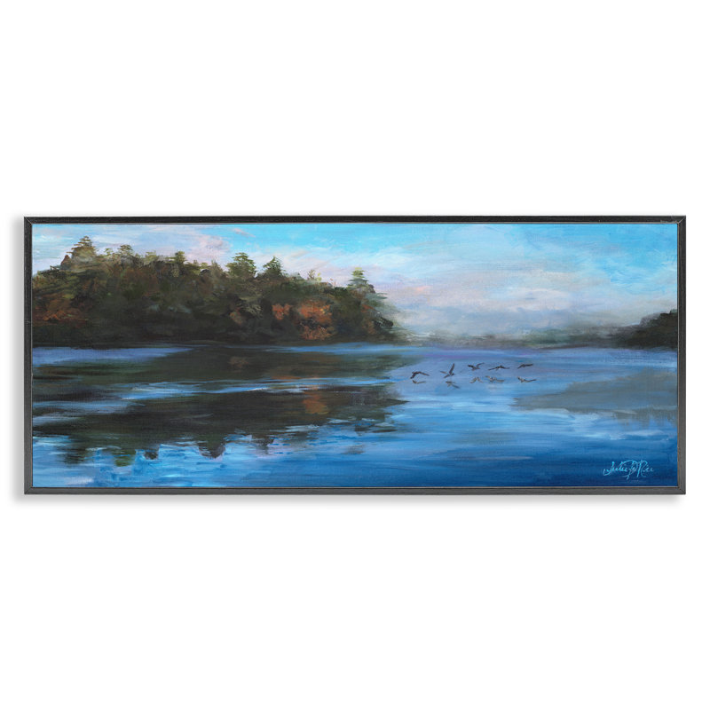 Oiseaux le long de la rivière, estampe numérique par Julie Derice, Giclée encadrée noir minuit, H 10 po x l 24 po
