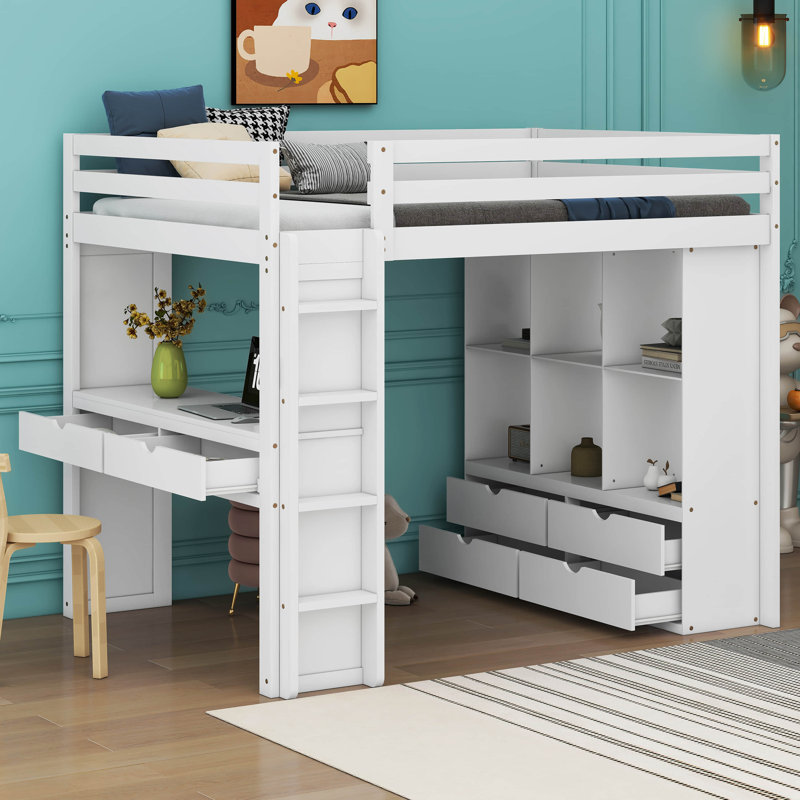 Lit mezzanine Jameslee avec grandes tablettes, bureau et lumière DEL, Double, Blanc