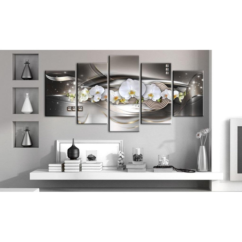 Orchidées en acier sur toile, 5 pièces, H 40 po x l 80 po x P 0,7 po