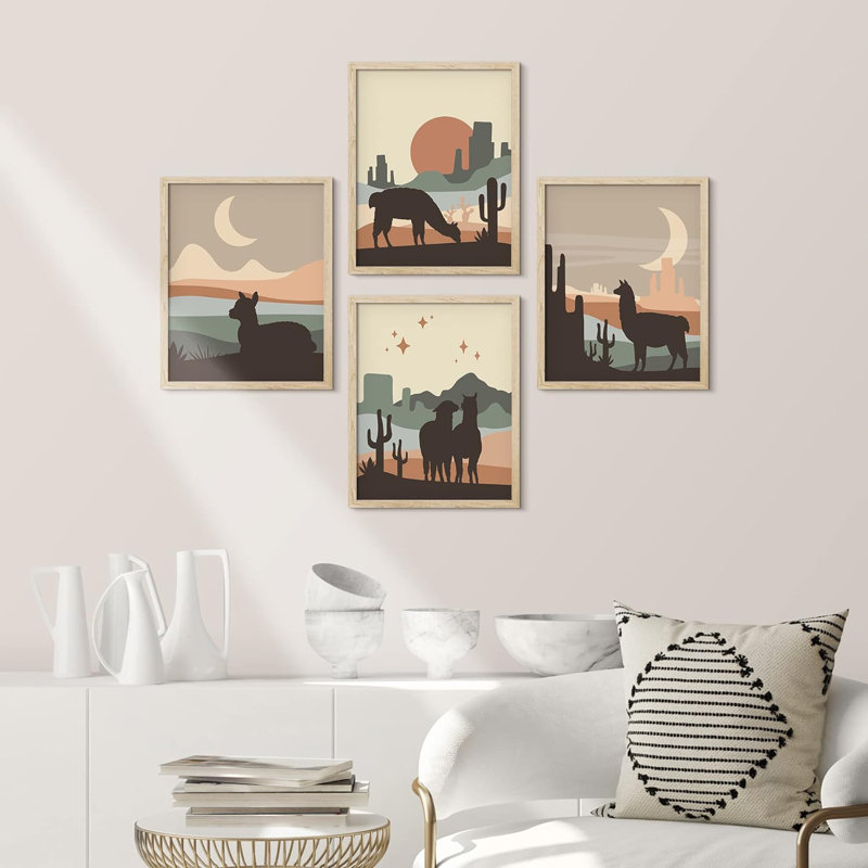 «Desert Landscape Cactus Animals», impression sur papier 4 pièces, H 14 po x l 11 po x P 1 po, Brun