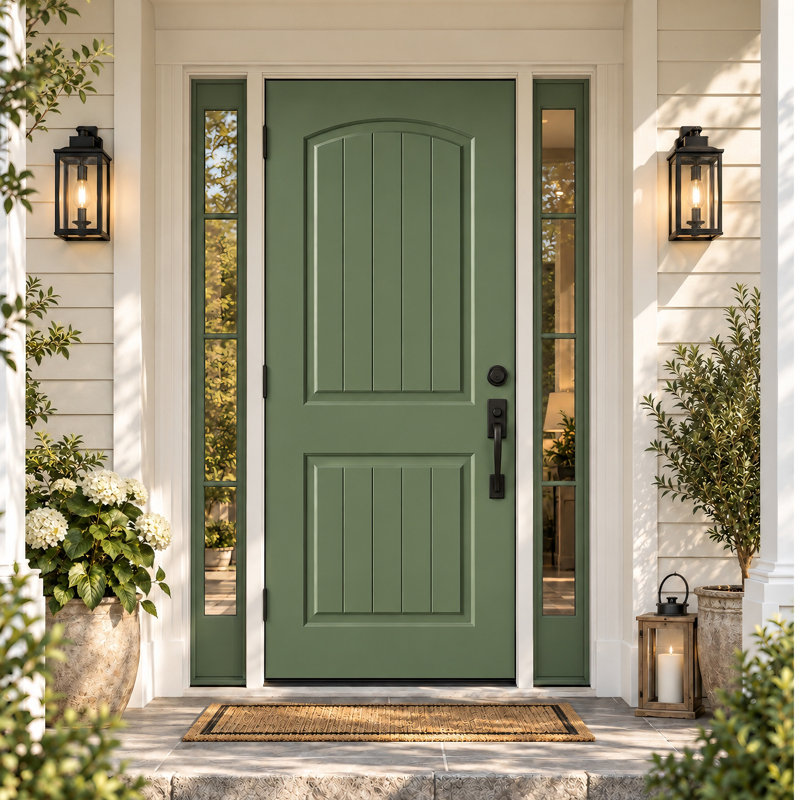 Porte d'entrée extérieure moulée, 32 po x 80 po, cintrée, apprêtée blanche, à deux panneaux en acier texturé, avec trou pour serrure.