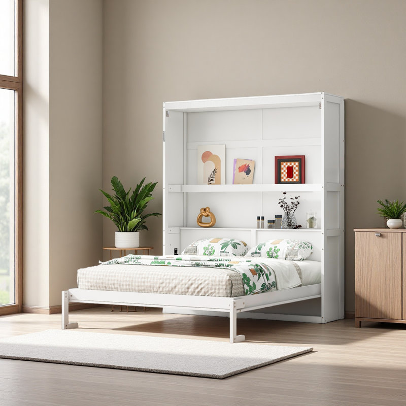 Lit escamotable mural avec tablettes Murphy, Blanc, Grand lit