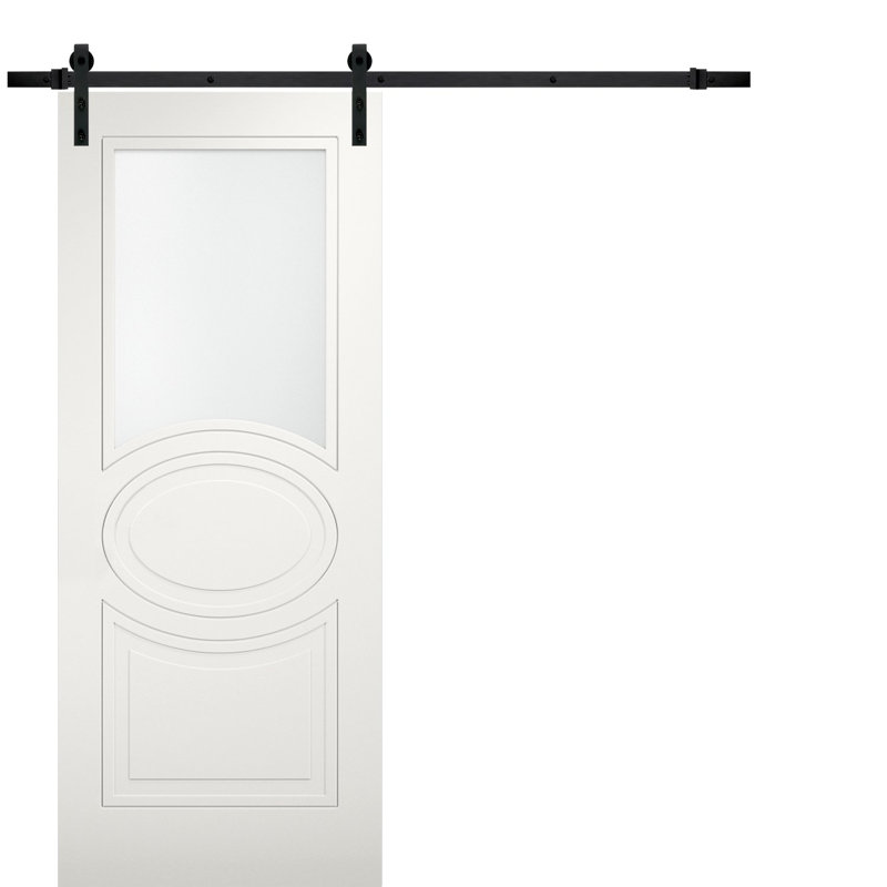 Porte de grange en verre givré blanche Mela avec trousse de quincaillerie d'installation, Noir, 36 po x 96 po