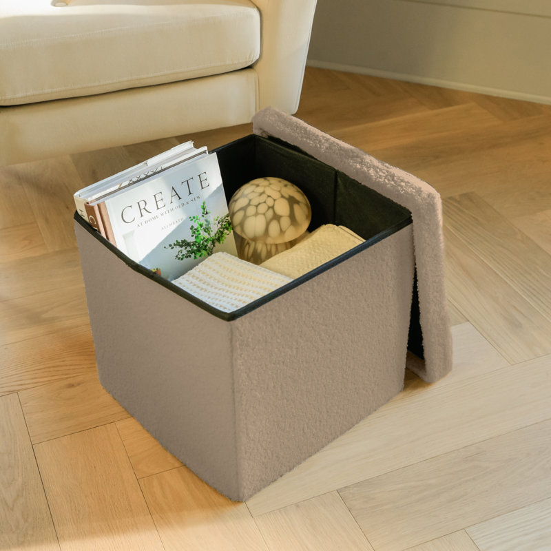 Go-Poufs Knock-Down Medium Cube Teddy Boucle Storage Ottoman | 15''x15''x15'' |, Tan Cotton Blend
