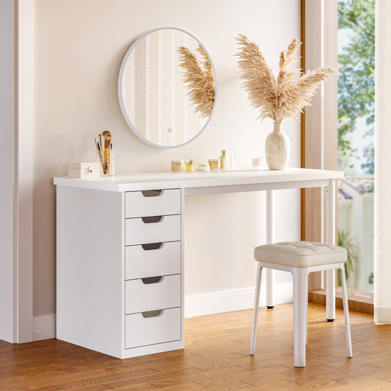 Bureau d'ordinateur 47 pouces avec 5 tiroirs , Blanc / blanc