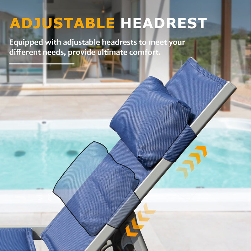 Ensemble de 3 chaises longues d'extérieur pour l'extérieur, chaises longues de piscine en aluminium avec table d'appoint et roulettes, fauteuil inclinable réglable en polyester enduit de PVC résistant aux intempéries pour la piscine, la plage, la cour et le balcon (bleu marine)