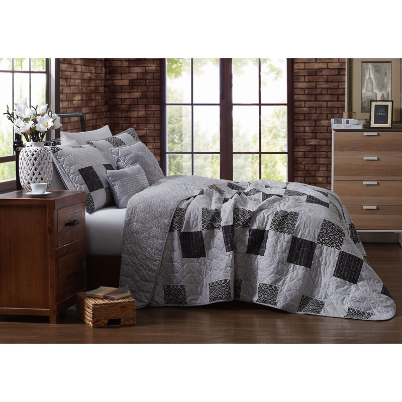 Ensemble de courtepointe réversible Evangeline, Courtepointe simple, 2 taies décoratives et 2 cou, Gris