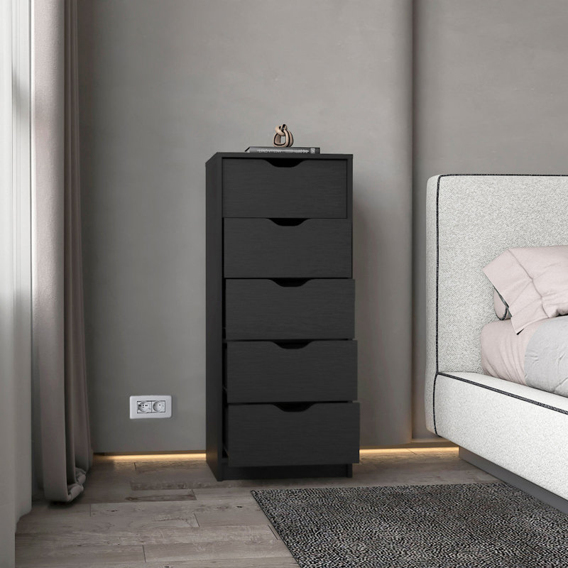 Commode H 42 po, 5 tiroirs, commode de rangement mince, Noir