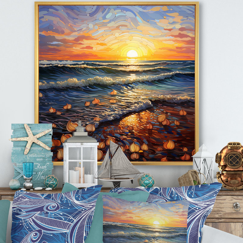Plage Golden Sands Pointillism I, H 30 po x l 30 po x P 1 po, Cadre flottant doré