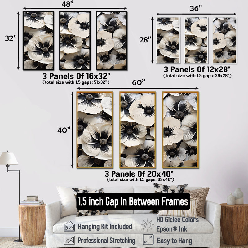 «White and Back Pansy Harmony I - Pansies», ensemble d'art mural sur toile, H 28 po x l 36 po x P 1 po, Cadre flottant blanc
