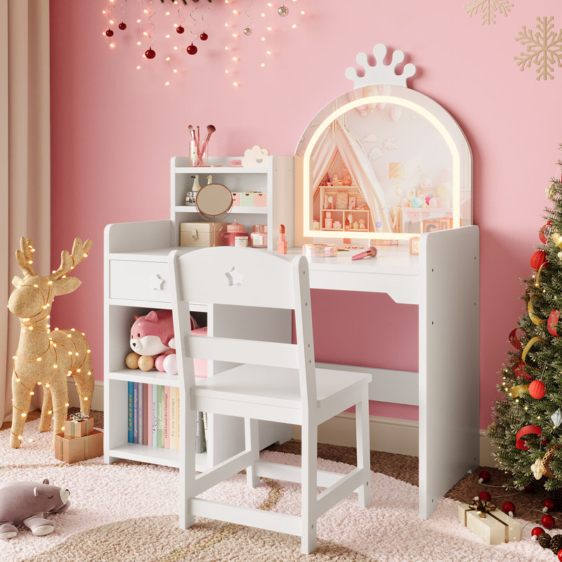 Lighted Crown Mirror Kids Vanity Set - 2-in-1 Wooden Makeup Desk & Chair with Drawer, Open Shelves, Storage Cabinet - Princess Dressing Table - White