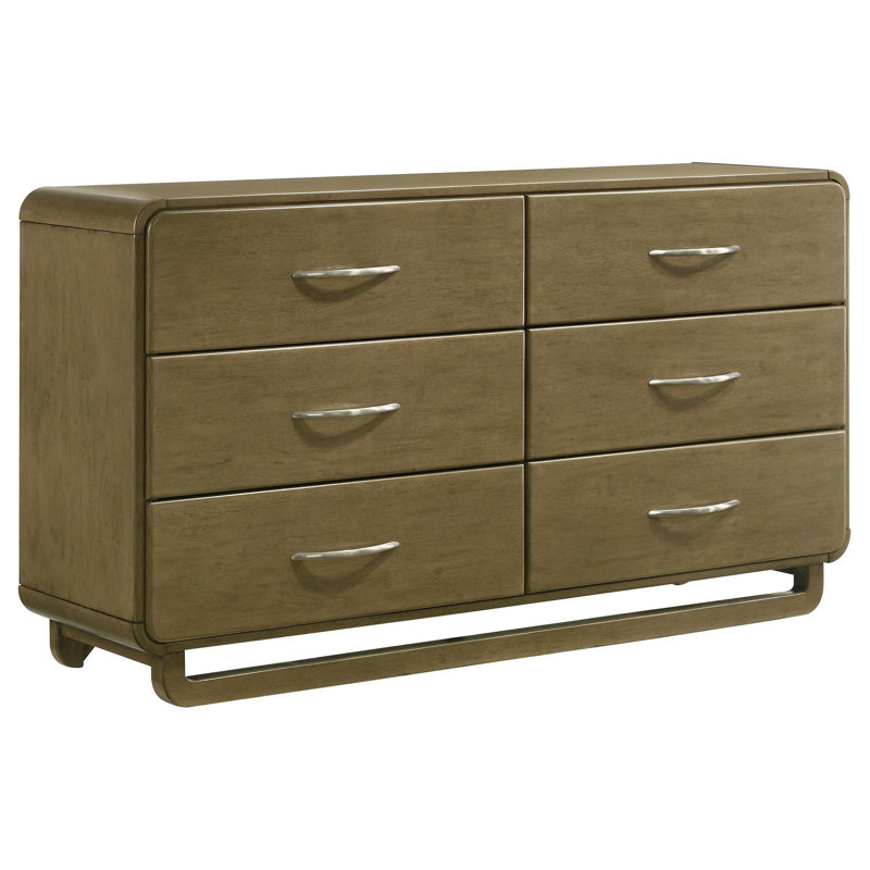 Commode large Deon, 6 tiroirs avec poignées en nickel, pieds de traîneau, brun muscade