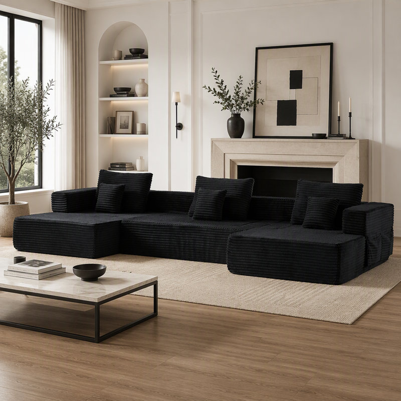 Canapé modulaire en forme de U de 137 pouces avec accoudoirs amovibles et configurable, Velours côtelé noir, Noir